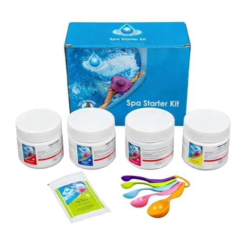 Image of Pool Chemical Starter Kit for Hot Tubs, Above Ground and Paddling Pools, Water Treatment Set - Chlorine Granules, pH Minus, pH Plus, Foam Remover, Test Strips and Measuring Spoons