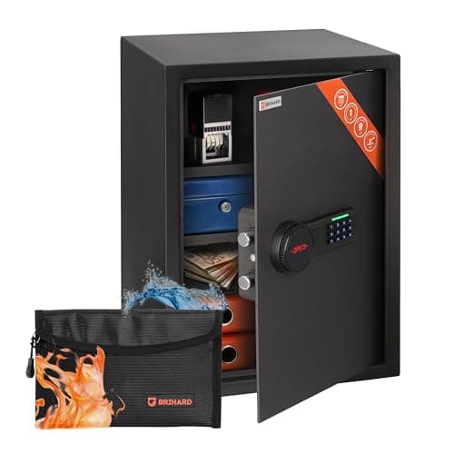 Image of Brihard Business XL Electronic LCD Safe 50x35x36cm with Fireproof Money Bag, Large Office Safe 60L for Documents A4 with 2 Height-Adjustable Shelves, Safety Box with Digital Keypad Lock & LCD Screen