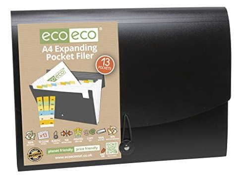 Image of eco-eco A4 50% Recycled 13 Clear Pocket Black Cover Expanding File Organiser - Document Folder - Printed Index Tabs