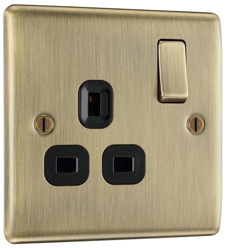 Image of BG Electrical Single Switched Power Plug Wall Socket, Raised and Slim Profile, Round Edges, Nexus Metal, Antique Brass, Black Inserts, 13A, NAB21B