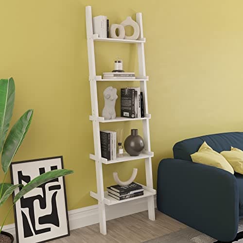 Image of Vida Designs York 5 Tier Ladder Bookcase - Leaning Shelf Display Storage Unit with Open Shelves - Modern Bookshelf for Living Room, Bedroom or Home Office - White - H 189 x W 56 x D 32.5 cm
