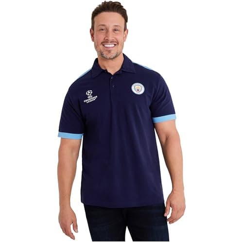 Image of Manchester City F.C. Mens Polo Shirt, Short Sleeve Collared T-Shirt Buttoned (XL, Navy/Blue)