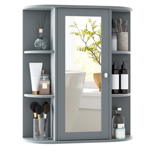 Image of COSTWAY Bathroom Mirror Cabinet, Single Door Wall Mounted Storage Cupboard with Fixed/Adjustable Shelves, Home Office Living Room Display Organiser Unit (Grey, 59 x 17 x 70cm)
