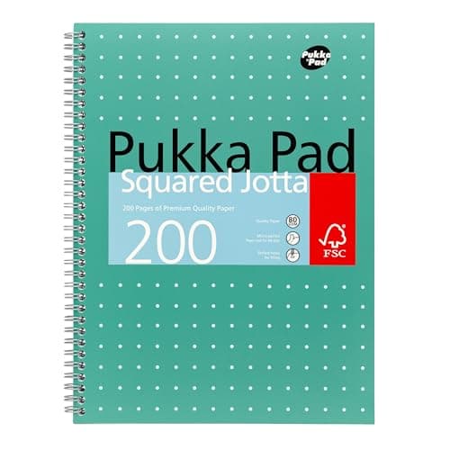 Image of Pukka Pad, A4 Squared Metallic Jotta Book Bulk 1 Pack – 29.7 x 23cm – Wirebound Notebook with 80GSM Paper – Features 4-Hole Punch Margins and Perforated Edges - 200 Pages, Green