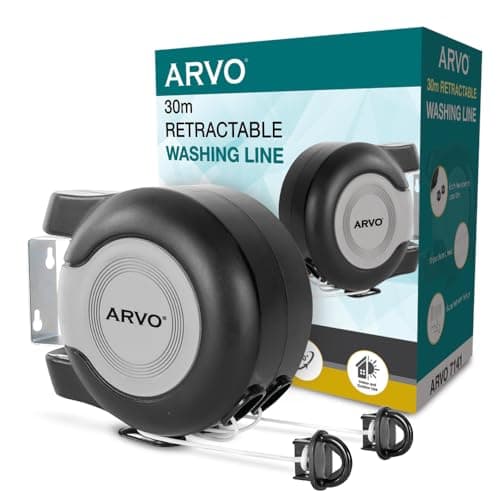Image of ARVO Wall Mounted Double Retractable Washing Line - 30m Clothes Line - Value Range Extendable Laundry Drying Line - 2 x 15m Cables for Indoor & Outdoor Use