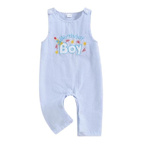 Image of Geagodelia Infant Baby Boy Girl Birthday Overalls Romper Newborn Baby Boys' Full Length Jumpsuit Letter Embroidery Button Bodysuits Happy Birthday Party Playsuit for Unisex Baby (Blue, 6-12 Months)