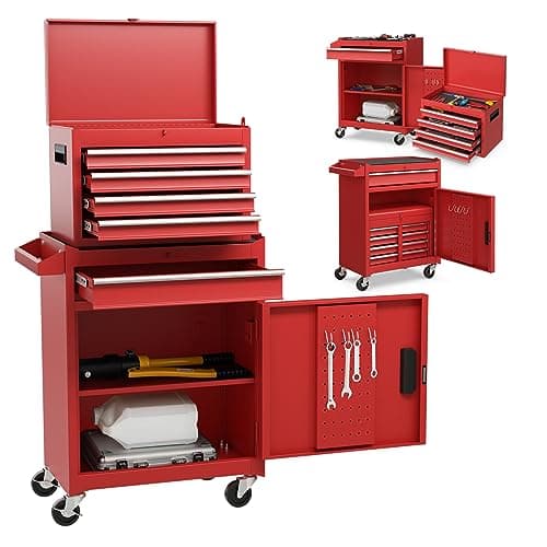 Image of COSTWAY Large Rolling Tool Cabinet, 2-in-1 Detachable Metal Tool Chest with Drawers, Wheels, Handle & Hooks, Lockable Tool Box Trolley for Garage Workshop (5 Drawer with Adjustable Shelf, Red)