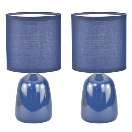 Image of firstchoicelighting Set of 2 Navy Blue Ceramic 26cm Table Lamps or Bedside Lights with Matching Fabric Shades, LED Compatible