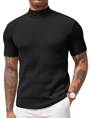 Image of COOFANDY Men's Mock Turtleneck T Shirt Short Sleeve Stand Collar Top Ribbed Knitted Pullover Stretchy Solid Tee Black L