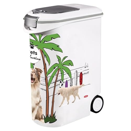 Image of Curver Pets Collection Dog Food Container, Large Airtight Odour Proof Storage Bin with Dual Lid Openings and Scoop Compartment, Durable Design with Handles and Wheels, 54L 20kg, White