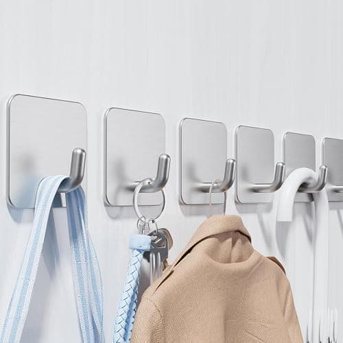 Image of Aikzik 6 Pack Self Adhesive Hooks, Stainless Steel Sticky Hook Heavy Duty, Over 8kg Load - Hooks for Hanging for Towel, Coat, Key, Stick on Bathroom, Kitchen, Door and Wall