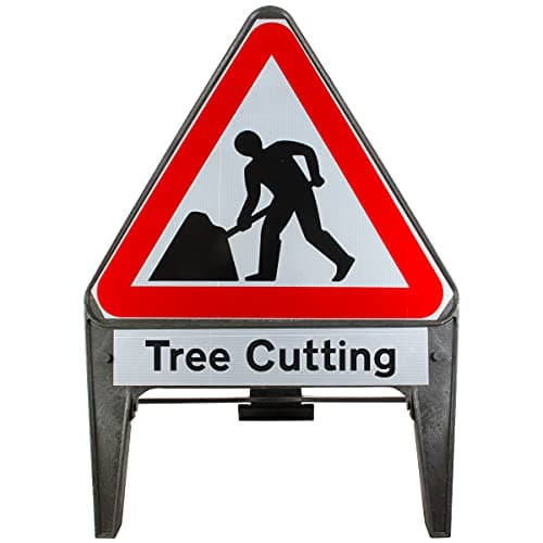 Image of Men At Work With Tree Cutting Supplementary Plate 750mm Triangle Road Sign 7001 - Plastic Temporary Road Street Traffic Safety Sign for Road and Street Works - Freestanding with Reflective Sign Face