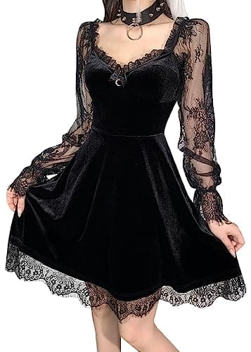 Image of DINGJIUYAN Goth Women Gothic Black Dress Dark V Neck Grunge Sexy Aesthetic Autumn Vintage Long Sleeve Harajuku Mini Dress