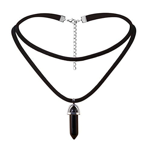 Image of Tpocean Women's Double Layer Leather Black Choker Crystal Quartz Point Choker Necklace Gem Pendant Charm Jewelry