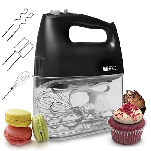 Image of Duronic HM4 BK Hand Mixer 400W Electric Whisk Handheld Kitchen Food Mixers for Baking Dough Cream Egg Beaters with 5 Speeds Turbo Cake Whisks with 2 Beaters 2 Dough Hooks 1 Whisk - Black