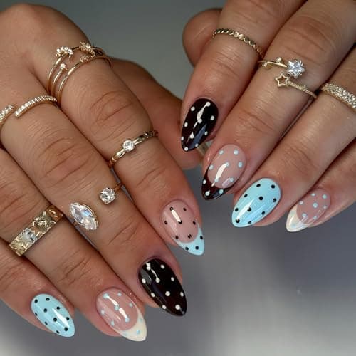 Image of Almond Press On Nails Light Blue Black Nude French Tip & Polka Dot - Cute Short Retro False Nails with Adhesive Patches, Acrylic Manicure Kit for Everyday Wear