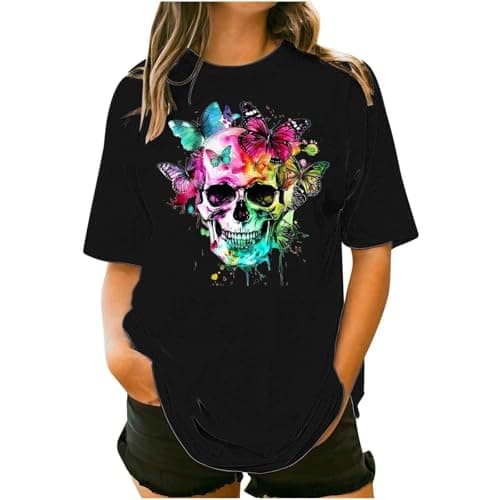 Image of Gothic T Shirts for Women UK Halloween Skull Skeleton Butterfly Graphic Tops Plus Size Short Sleeve Crewneck Oversized Tees Shirts Steampunk Pattern Pullover Tops Sporty01 Black XXL