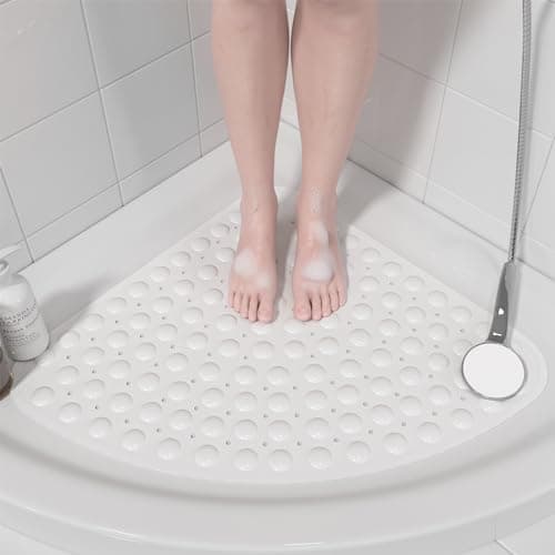 Image of XIYUNTE Corner Shower Mat Non Slip Anti Mould - 54 x 54cm Non Slip Shower Mats for Inside Shower Corner, Bath Mat for Corner Shower, Quadrant Anti Slip Bath Mats for Bathroom, Machine Washable, White
