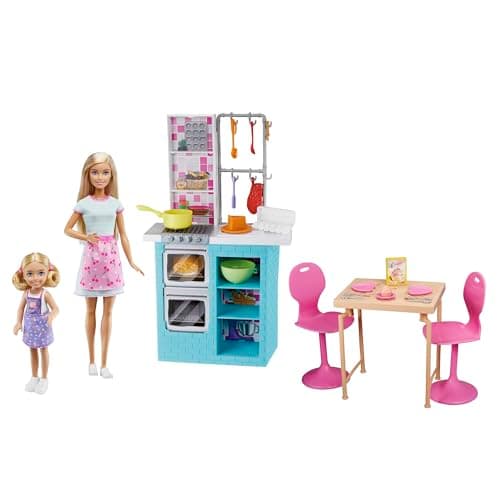Image of Barbie Sisters Baking Playset with Barbie Doll & Chelsea Doll, Kitchen Pieces, Dining Set & 15+ Accessories, Gift for 3 to 7 Year Olds, HBX03