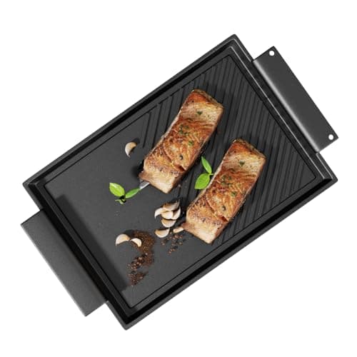 Image of Cazooo Cast Iron Griddle Pan, Non-Stick Double-Sided BBQ Griddle Grill Pan with Handles, Flat and Ridged Surfaces, Rectangular Grill for Gas Electric Induction Open Fire Oven, 37.7 x 20.9cm