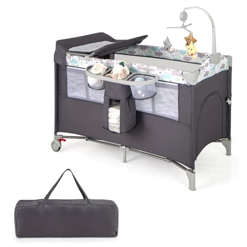 Image of COSTWAY 5 in 1 Travel Cot, Folding Baby Playard with Bassinet, Mattress, Music Box, Hanging Toys, Storage Rack and Carry Bag, Lightweight Crib Suitable from Birth to 15kg (Grey)
