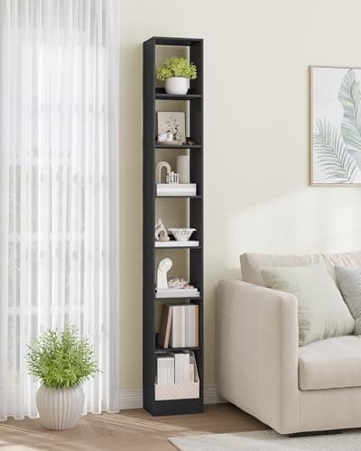 Image of Hzuaneri Bookcase, Tall Narrow Bookshelf, White Wooden Bookcase with Open Storage Shelf, for Living Room, Home Office, Bedroom, 7-Tier, Black, BC79704X