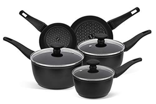 Image of Prestige Thermo Smart Pots and Pans Sets Non Stick with Heat Indicators - Induction Hob Pan Set of 5, PFOA Free, Dishwasher Safe Cookware, Made In Italy, Black