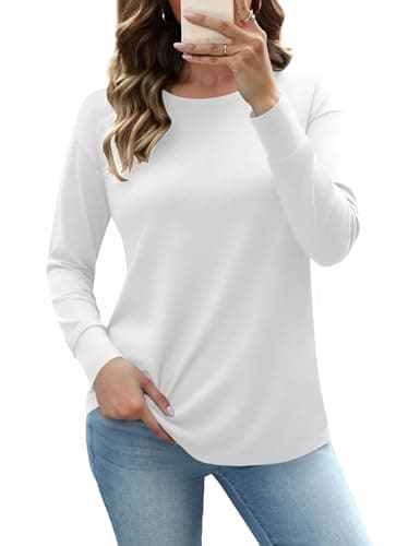 Image of Totatuit Sweatshirts for Women Pullovers Stretch Shirts Crew Neck Long Sleeve Ladies Tops T Shirt Longline Top Loose Fit Fall Winter White S