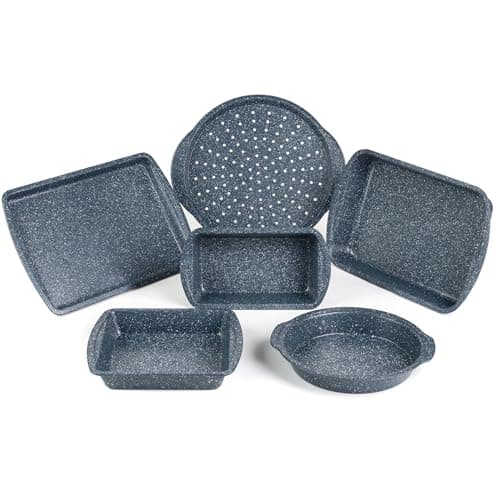 Image of Russell Hobbs COMBO-5437 Nightfall Stone Non-Stick 6-Piece Bakeware Set – Includes Pizza Tray, Baking Tray, Roaster, Loaf Pan and Baking Tins, Durable Carbon Steel Ovenware, Oven Safe Up to 220°C