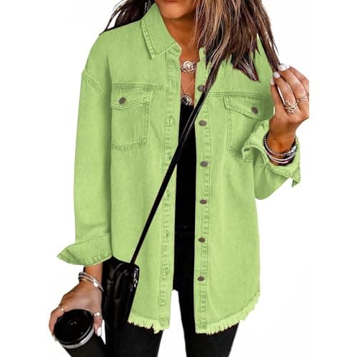 Image of YGERGWE Green Denim Jacket Women, Oversized Lightweight Jean Jacket Casual Button-Down Shacket, Ladies Long Sleeve Jean Shirt Top for Spring Autumn