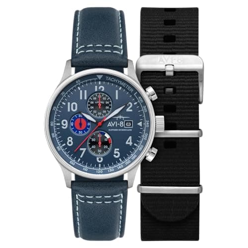 Image of AVI-8 Men's 43.5mm Hawker Hurricane Classic Chronograph Opal Blue Watch with Leather Strap AV-4011-1A