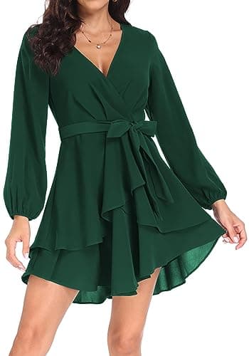 Image of PCEAIIH Women's Cocktail Dresses Long Sleeve Empire Skater Dress Deep V-Neck Waist Tie Ruffle Mini Swing Dresses M Dark Green