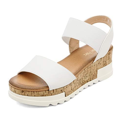 Image of DREAM PAIRS Womens Elastic Strappy Wedge Sandals Platform Open Toe Summer Beach Low Wedges Shoes,Size 5,White,Reed-1