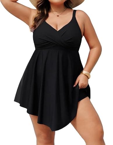 Image of Hanna Nikole Black Swimming Costume Women,Plus Size Skirted One-Piece Swimsuits Push Up Tummy Control Swimwear Cross Monokinis Swim Dress Slit Bathing Suits with Swim Shorts
