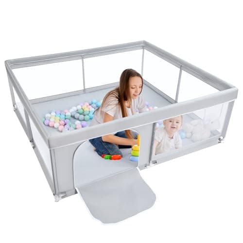 Image of BEJOY Baby Playpen, 150cm Compact and Strong, Foam Protection, Anti-slip Safety Play Yard with Transparent Breathable Mesh Round Zipper Door Kids Activity Centre for Baby and Toddlers Indoor & Outdoor