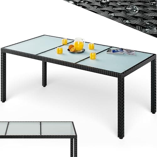 Image of CASARIA® 190x90cm Polyrattan and Frosted Glass Garden Dining Table | Weatherproof Outdoor Rattan Balcony Table | Height Adjustable Feet | 5mm Safety-Glass Patio Party Furniture | Black
