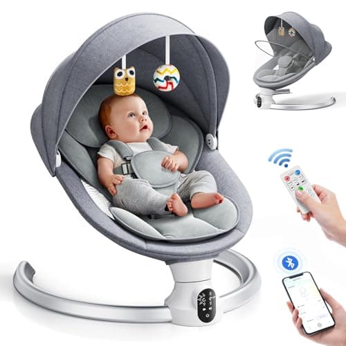 Image of Aoykkii Electric Baby Bouncer Chair with Mobile App Control,Remote Control and IMD Touch Panel,Electric Baby Swing with 5 Swing Amplitudes 3-Stage Timer,Soft Padded Lamb Newborn Bouncer (Grey)