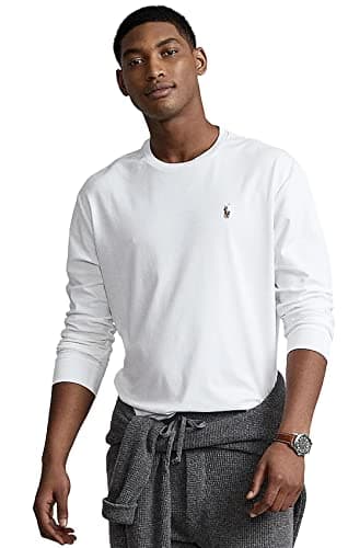 Image of Polo Ralph Lauren Men's Crew Neck Long Sleeve Tee, White With Signature Multi-colored Pony, XXL