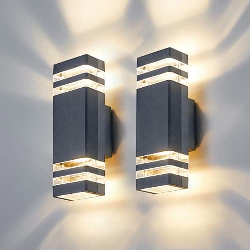 Image of CELAVY Outdoor Wall Lights Mains Powered Outside Up Down Lights, IP65 LED Porch Front Door Light, Waterproof Square GU10 Exterior Modern Lighting External Electric Sconce Lamp for House 2 Pack, Grey