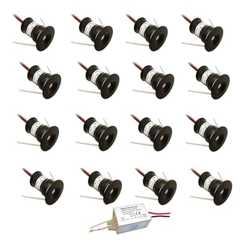 Image of LGJEGD Mini 1W 12V LED Spotlights, Recessed Downlights with 36W Transformer, Pack of 16, Black Aluminium Housing, Suitable for Cupboards, Staircases and Gardens(Blue Light,30 Degrees)