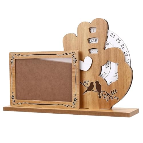 Image of ASHATA Perpetual Calendar Picture Frame Rotating Display Desk Ornament for Family Office Decor MDF (OK)