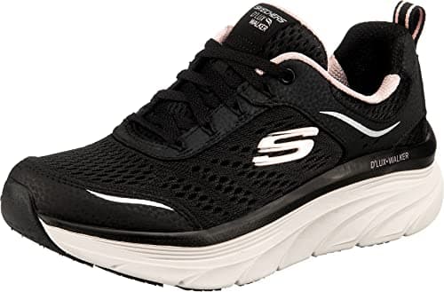 Image of Skechers Women's D'lux Walker Infinite Motion Trainers,Black Leather Mesh Pink Trim,6.5 UK