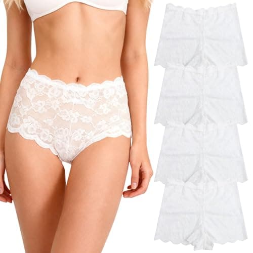 Image of InfiniZer 4 Pack Women Lace Underwear Knickers Multipack Stretch Breathable Hipster Panties Boxers Shorts (UK, Alpha, M, Regular, Regular, 4*White)