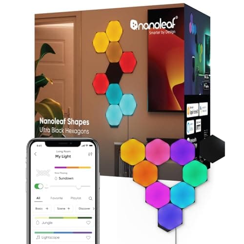 Image of Nanoleaf Shapes Ultra Black Hexagon Starter Kit, 9 Smart Light Panels LED RGBW - Modular Wi-Fi Colour Changing Wall Lights, Works with Alexa Google Assistant Apple Homekit, for Room Decor & Gaming