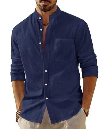 Image of J.VER Mens Linen Shirts Long Sleeve Regular Fit Grandad Collar Navy Blue Shirt Summer Casual Hawaiian Holiday Tops M