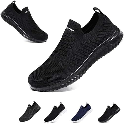 Image of Mens Womens Slip On Trainers Casual Nordic Walking Shoes Breathable Running Shoes Nurse Work Shoes Lightweight Tennis Shoes Soft Mesh Gym Workout Sneakers Black EU46 Convert UK11