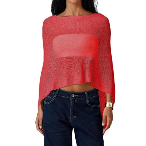 Image of Edhomenn Womens Crochet Cover Ups Hollow Out Long Sleeve Crop Top Summer Beach Pullovers (15 Red, ONE Size)