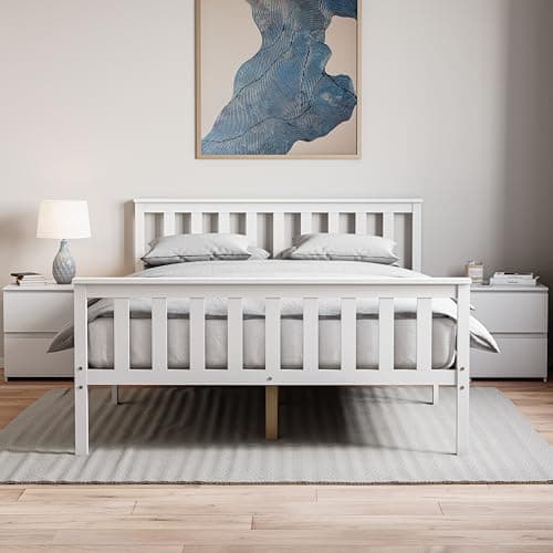 Image of Vida Designs Milan Double Bed, 4ft6, Bed Frame, Solid Pine Wood, Headboard, High Foot End Bedroom Furniture, White