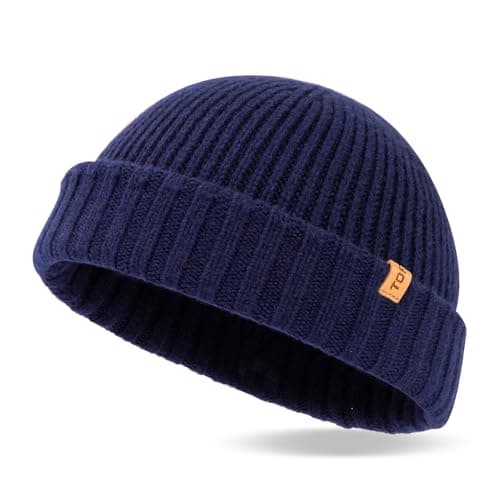 Image of TOP-EX XL/XXL Mens 100% Merino Wool Fisherman Beanie for Women Trawler Beanie Winter Hat Warmer Knitted Cuffed Hat Navy M/L