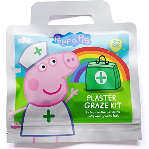 Image of Peppa Pig Childrens Plaster Graze Kit / x22 Units / 6 Wound Wipes / 16 Plasters in 3 Sizes/Latex Free/Hypoallergenic/Wash Proof/Breathable/CE Certified/Resealable Pouch 22 Units